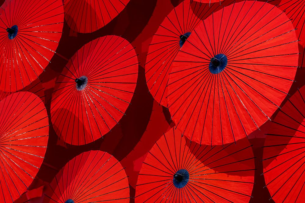 Red paper parasols on display, Arashiyama, Kyoto, Japan
